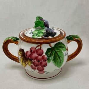 Vintage Italian Majolica Grapevine Sugar Bowl with Lid & Handles – Hand Painted